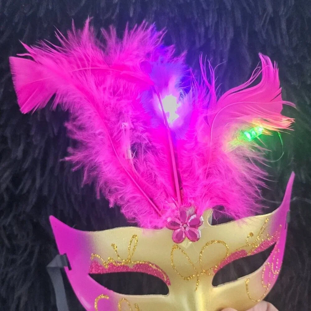 Party Mask Light Up Deep Pink Fuax Feather Masquerade Pink/Gold Face Mask New